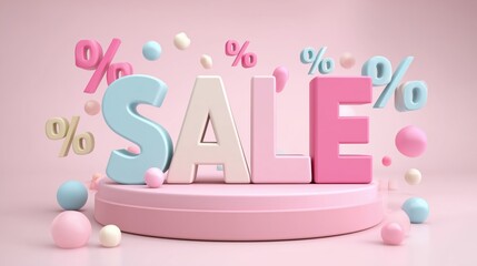 Exciting sale announcement with colorful letters and playful shapes in a pastel-themed design