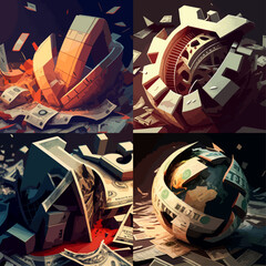 Digital collage of four abstract forms created from geometric shapes and currency, set against a backdrop of dark tones and vibrant hues.