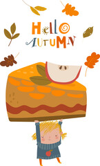 Cute Little Girl holding Big Apple Pie. Vector Illustration