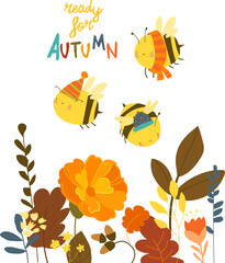 Cute Little Bees wearing Scarves and Hats flying above Autumn Flowers. Vector Illustration