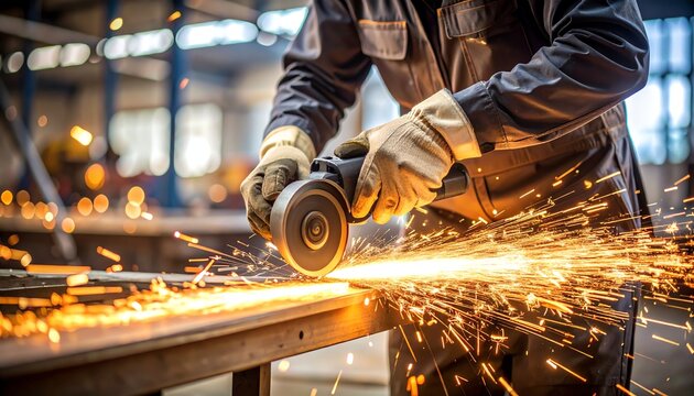 Worker grinding metal with sparks flying in industrial workshop, wearing gloves and protective clothing for safety and precision metalwork. - Powered by Adobe