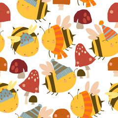 Vector Seamless Pattern with Cute Yellow Bees wearing Scarves and Hats and Mushrooms