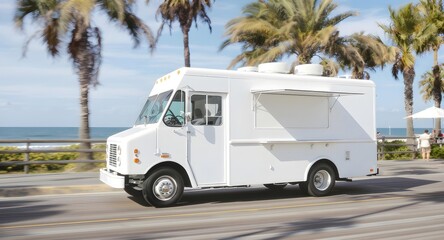 Naklejka premium White Food Truck Mockup Driving on a Sunny Coastal Road with Ocean and Palm Trees