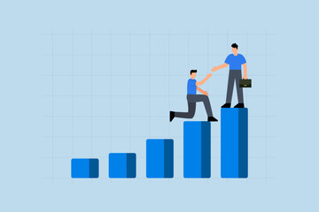 Manager support to achieve target,  businessman support team member giving hand to help reach target