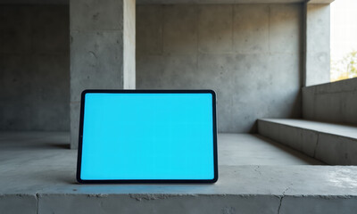 Tablet with Blank Blue Screen in Raw Concrete Setting