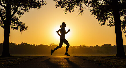Active woman runner silhouetted against a golden sunrise, jogging for health and fitness in a park.