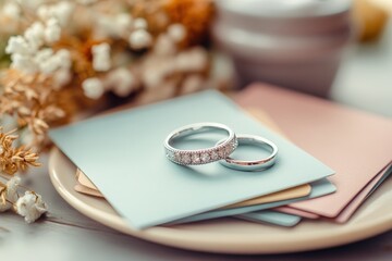 Delicate wedding rings rest on pastel-colored envelopes.