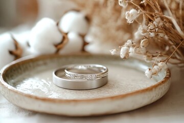 Elegant wedding rings on a decorative dish.