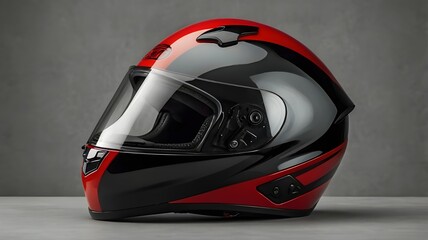 The red and black colored helmet features a glossy finish with aerodynamic contours, tinted visor, and subtle graphic detailing for a sporty and aggressive look. 