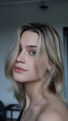 Fototapeta premium Portrait of a Young Woman: A captivating portrait of a young woman with blonde hair, her gaze drawing the viewer into an intimate connection.