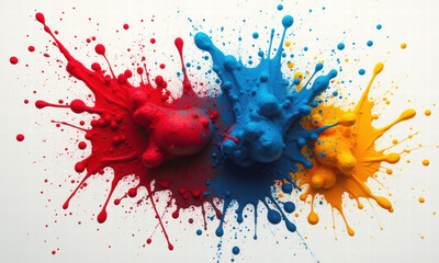 Vibrant Paint Splatter Explosion: Red Blue and Yellow.