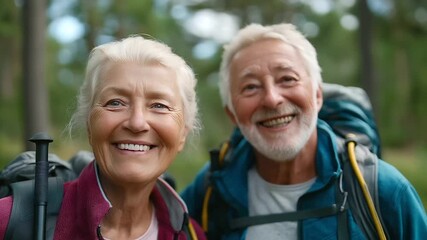 Senior couple hiking in pine forest with trekking sticks and backpacks - Powered by Adobe