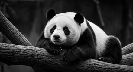 Monochrome portrait of a giant panda resting peacefully on a tree branch in its natural habitat