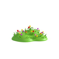 3D cartoon grass hill with colorful tulips on white background