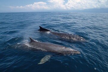 Fototapeta premium Dolphin and whale swimming together in tranquil blue ocean under bright sunny sky with distant mountains in background
