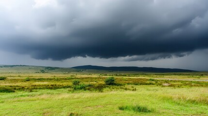 Vast, grassy plain under a looming storm cloud.