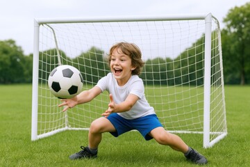 Excited Boy Goalkeeper Saves the Ball During Soccer Practice on a Sunny Day Outdoors