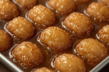 Golden fried dough balls soaked in sweet syrup in a tray