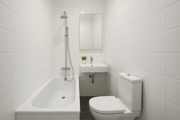 A compact modern white bathroom featuring a bathtub with shower, toilet, wall-mounted sink, and mirror in a small space.