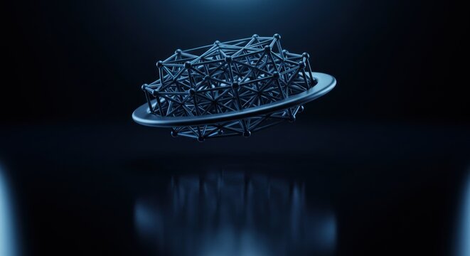 Abstract geometric construction floating in space with a dark metallic shine