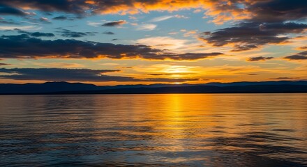 Fototapeta premium Vibrant sunset over the calm ocean with colorful clouds