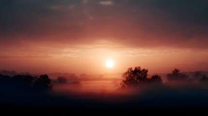 Obraz premium Misty sunrise over a tranquil countryside landscape