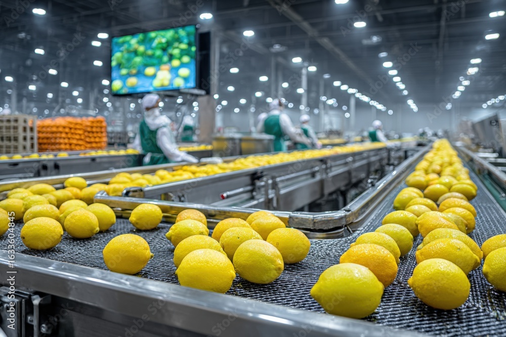 Poster lemons on conveyor belt in a food processing plant, showing quality control and automated sorting