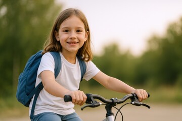 Obraz premium Smiling Young Girl with Backpack Riding Bicycle Outdoors on Summer Day, Promoting Active Lifestyle