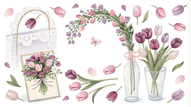 Spring floral illustration set with pink and purple tulips, bouquet, vase, paper bag, and scattered petals. Fresh and elegant, ideal for wedding invitations, floral planners, seasonal cards, and femin