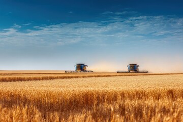 Obraz premium Harvesters operating in a vast golden wheat field under a clear blue sky during the summer months
