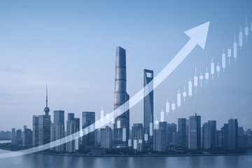 Fototapeta premium Shanghai Skyline with Upward Trend Overlay: Symbolizing Economic Growth and Financial Success in China