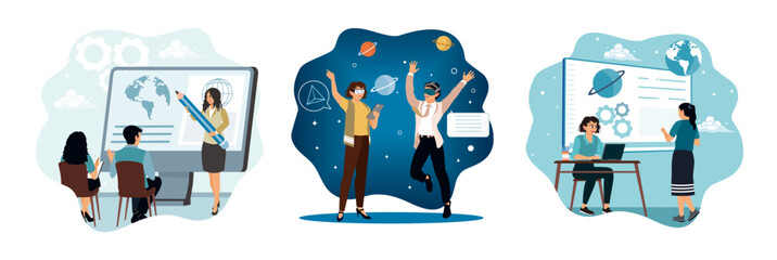 Digital classroom, virtual reality and augmented reality in education, futuristic classroom.