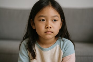 Portrait of a Serious Asian Girl with a Pensive Expression, Showing Childhood Emotions and Innocence