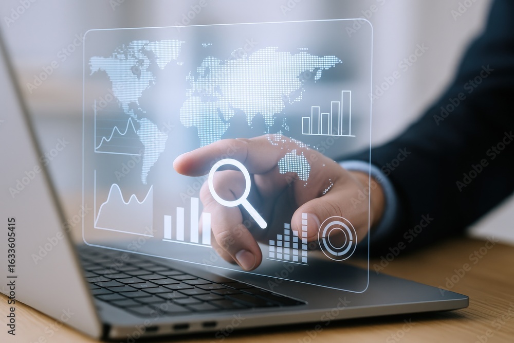 Aufkleber data analytics and business intelligence: man interacting with digital interface on laptop for globa
