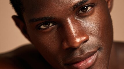 Obraz premium Captivating Close-Up of a Young Man With Smooth Skin and Intense Gaze Against a Neutral Background