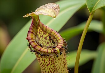 Close up of ants is tempted by the sweet nectar of the gracilis pitcher plant, Borneo, Malaysia.
