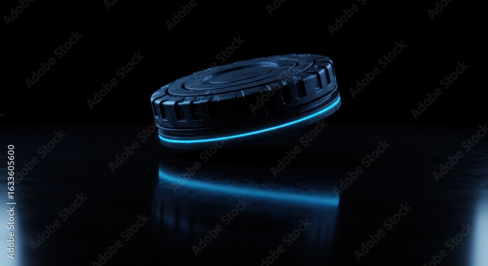 Poster futuristic round object with glowing cyan rim on a dark surface casting a reflection