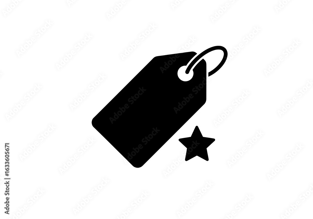 Aufkleber a black price tag with a loop and a small star icon next to it on a plain white background space