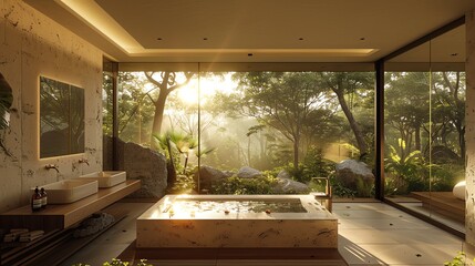 Modern Spa Bathroom with Large Glass Windows Overlooking Nature During Sunset