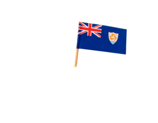 Flat Anguilla Flag Draped Across Sandy Beach Surface with Shells, Overhead View, Isolated on Transparent Background PNG