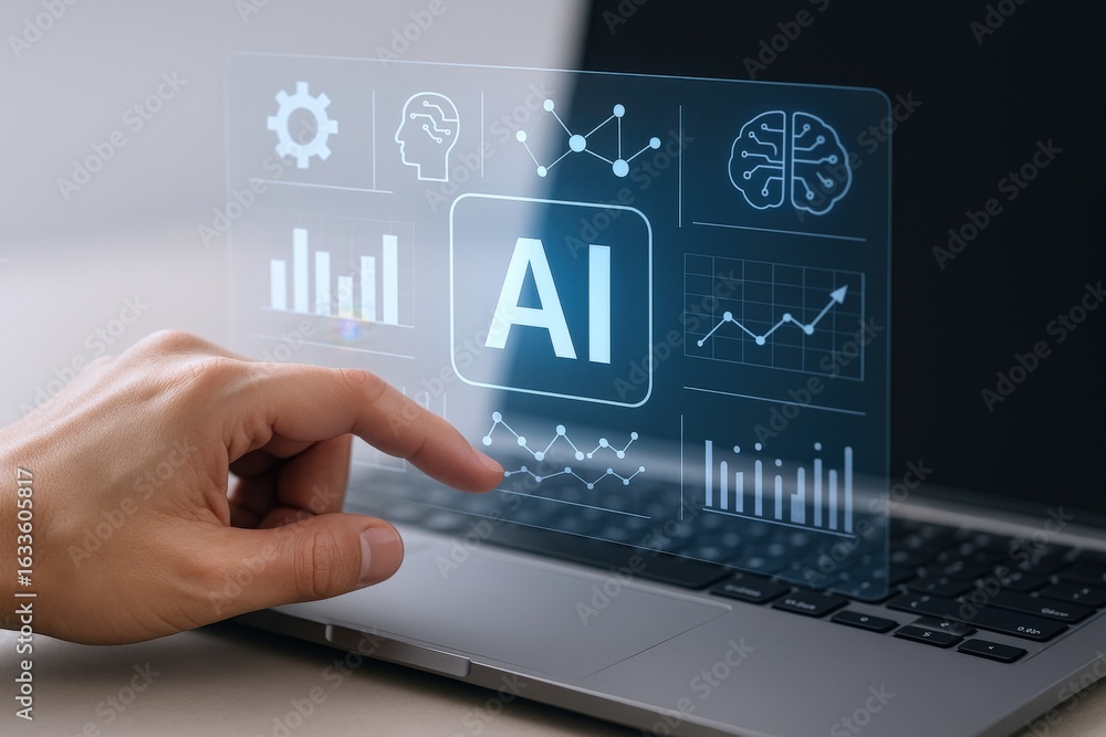Poster ai interface touchscreen: person interacting with artificial intelligence data on laptop for busines