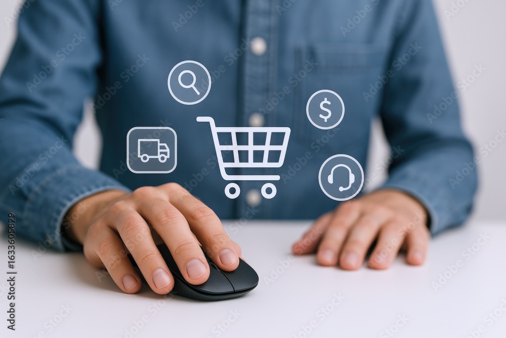 Poster online shopping concept: person using computer mouse for e-commerce transactions and customer suppor