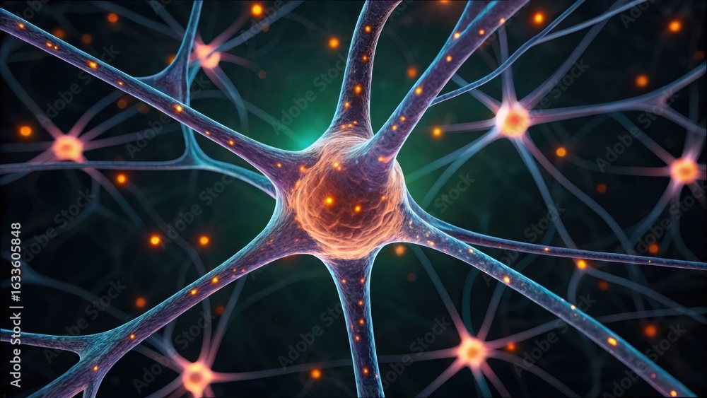 Poster glowing neuron pathways highlighting cellular connections and structure
