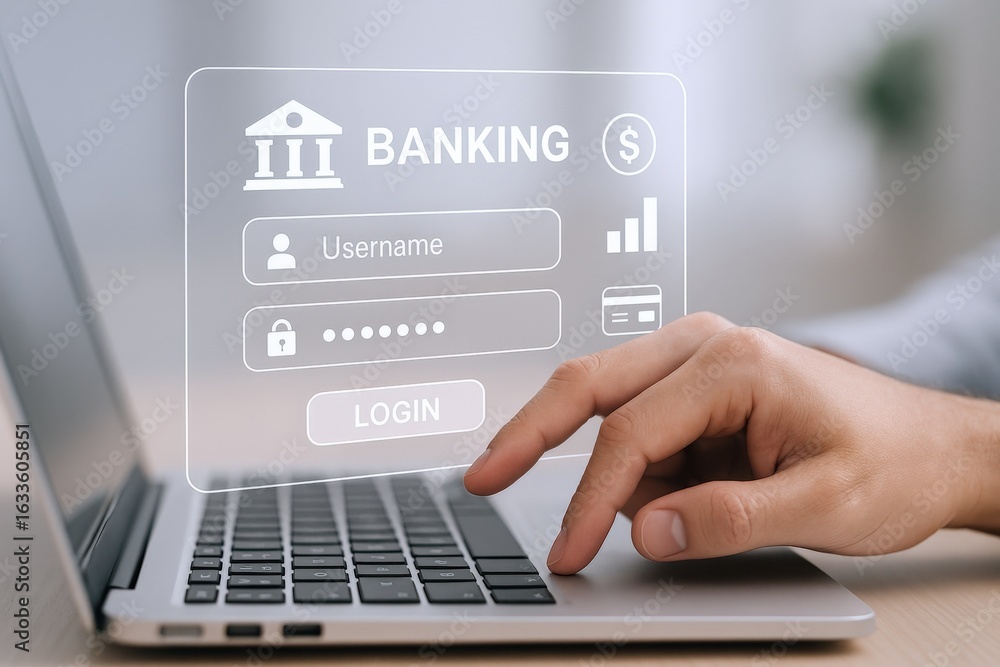 Poster online banking access: secure login portal on laptop screen with hand entering password