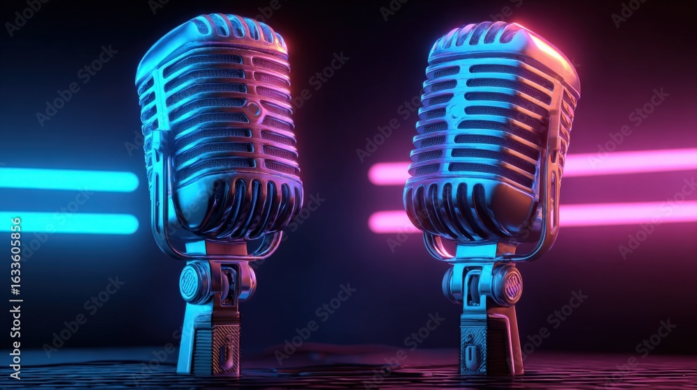 Poster retro microphones with neon lighting displaying podcast or performance concept in a studio environme