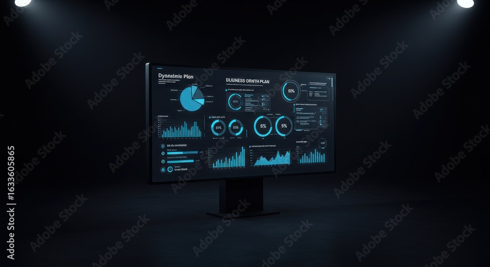 Poster illuminated dark stage featuring a modern display with business growth data visualization