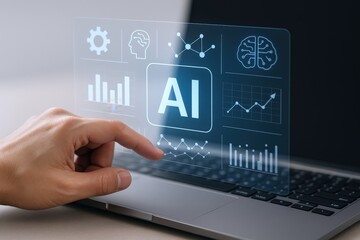 AI Interface Touchscreen: Person Interacting with Artificial Intelligence Data on Laptop for Business and Technology Solutions