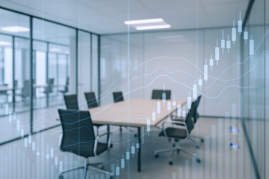 Modern Office Meeting Room with Financial Growth Graph Overlay, Illustrating Business Success and Investment Potential
