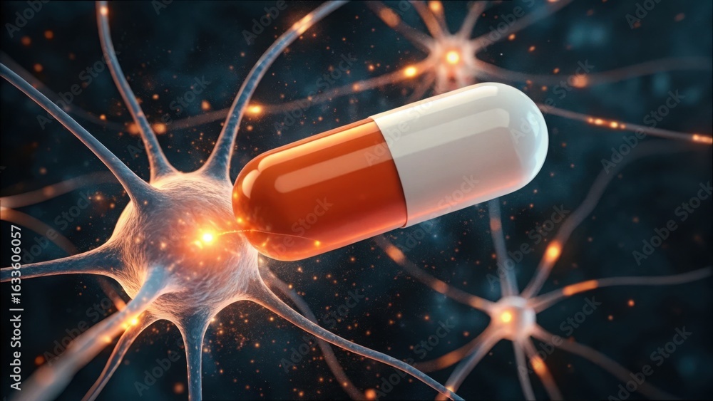 Poster high-detail visualization of disintegrating capsule near neurons