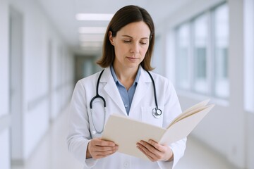 Female Doctor Reviews Patient Chart in Hospital Hallway - Healthcare Professional Focused on Medical Records